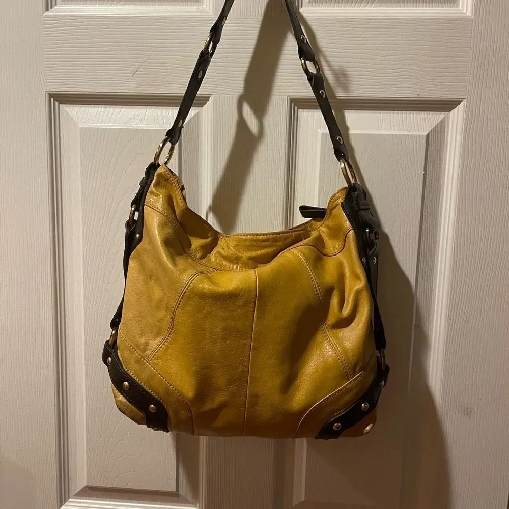 Tasche leather mustard yellow shoulder bag brown trims &strap gold tone studs
